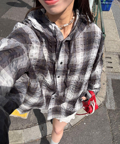 格紋泡泡紗 帶帽襯衫