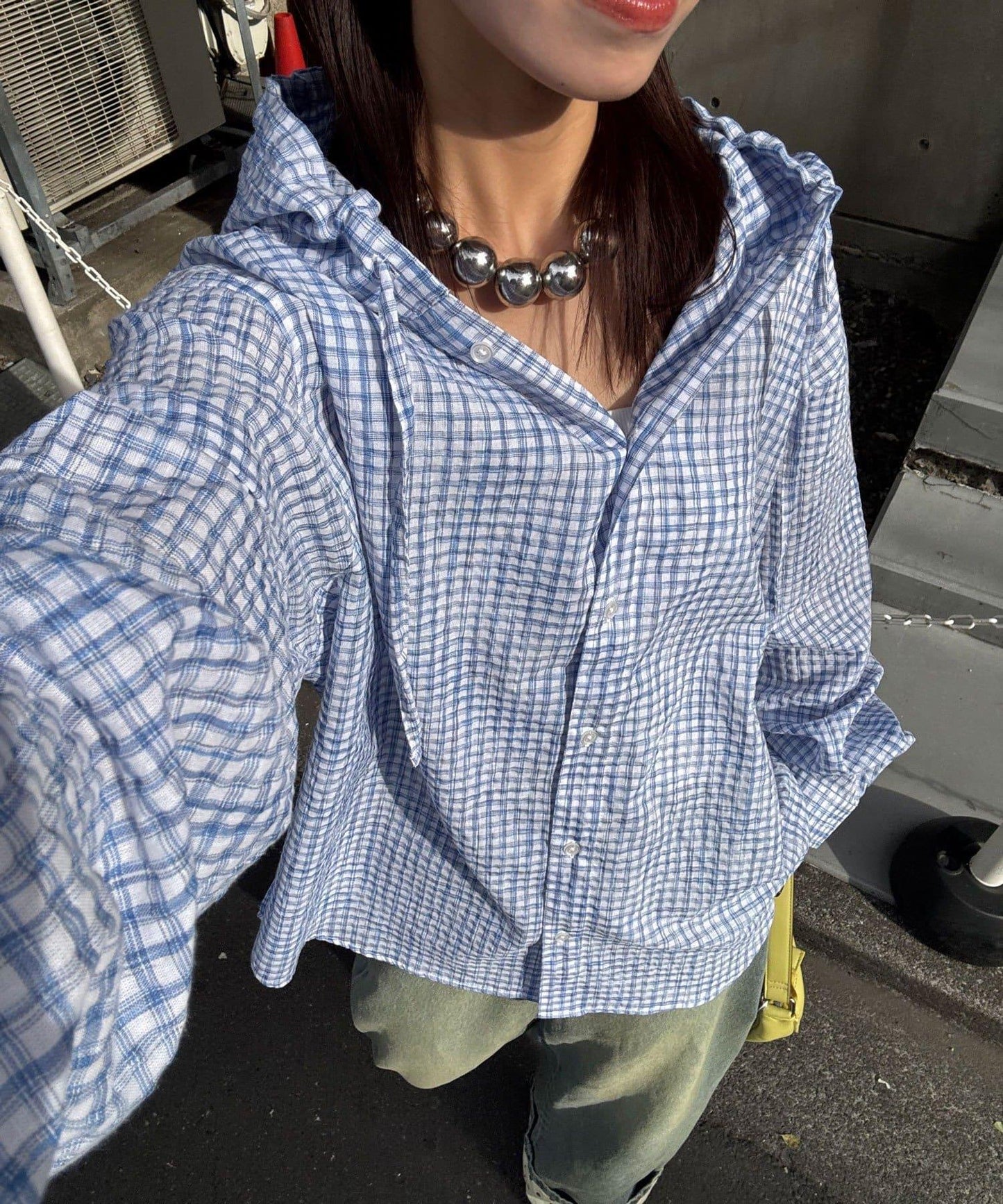 格紋泡泡紗 帶帽襯衫