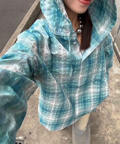 格紋泡泡紗 帶帽襯衫
