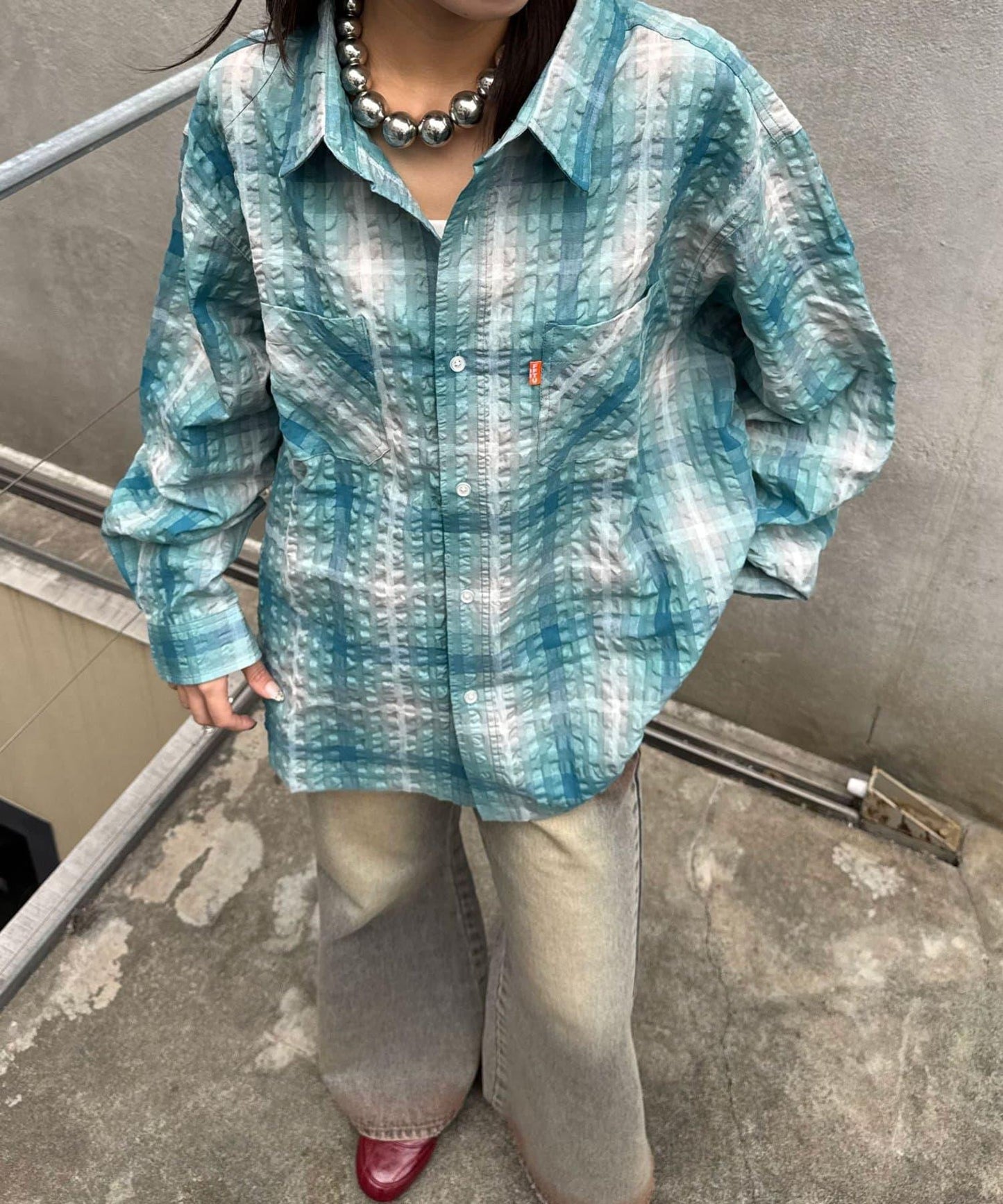 格紋泡泡布長袖襯衫