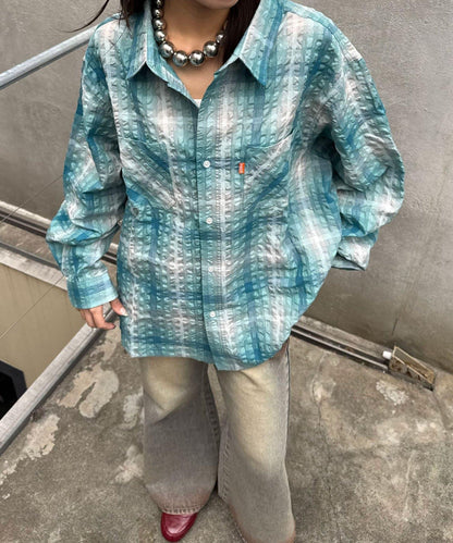格紋泡泡布長袖襯衫