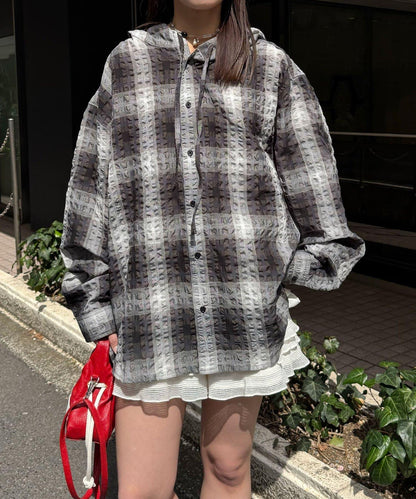 格紋泡泡紗 帶帽襯衫
