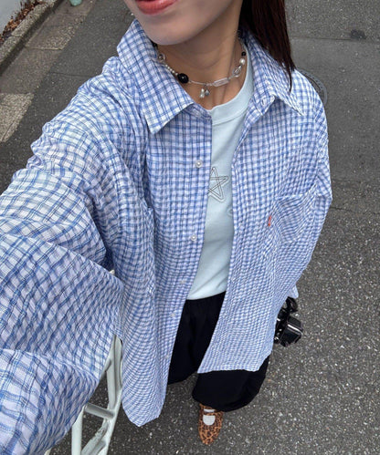格紋泡泡布長袖襯衫