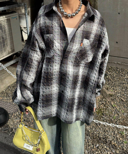 格紋泡泡布長袖襯衫