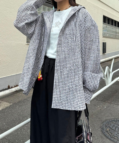 格紋泡泡紗 帶帽襯衫