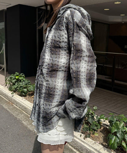 格紋泡泡紗 帶帽襯衫