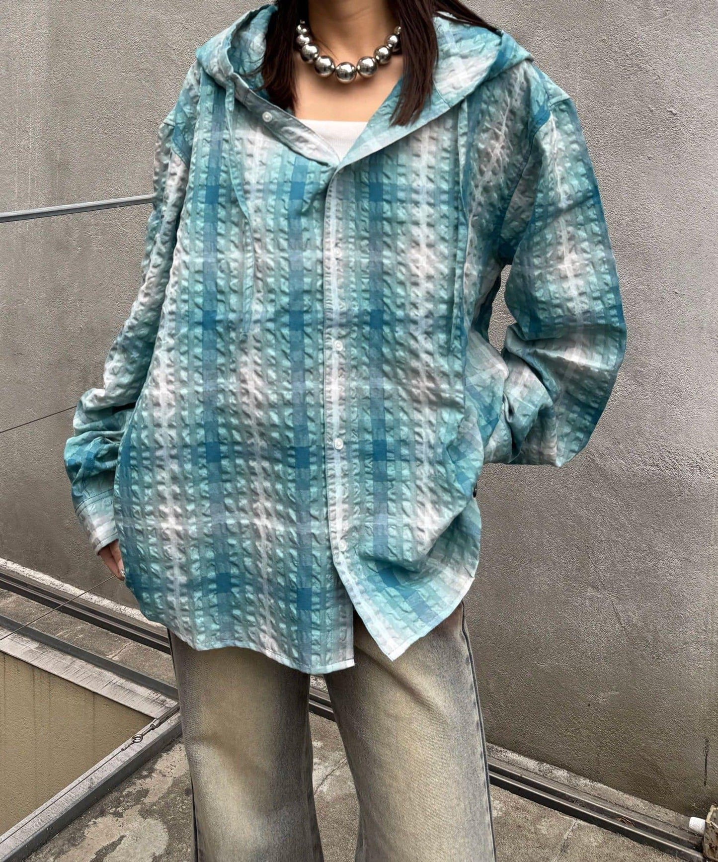 格紋泡泡紗 帶帽襯衫