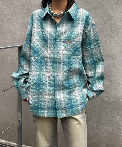 格紋泡泡布長袖襯衫