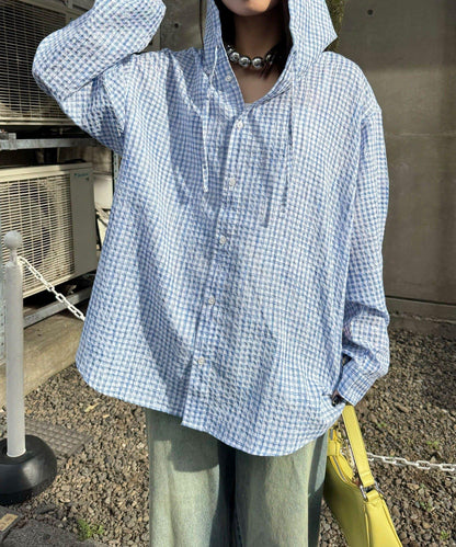 格紋泡泡紗 帶帽襯衫