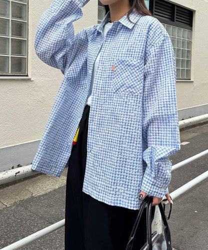 格紋泡泡布長袖襯衫