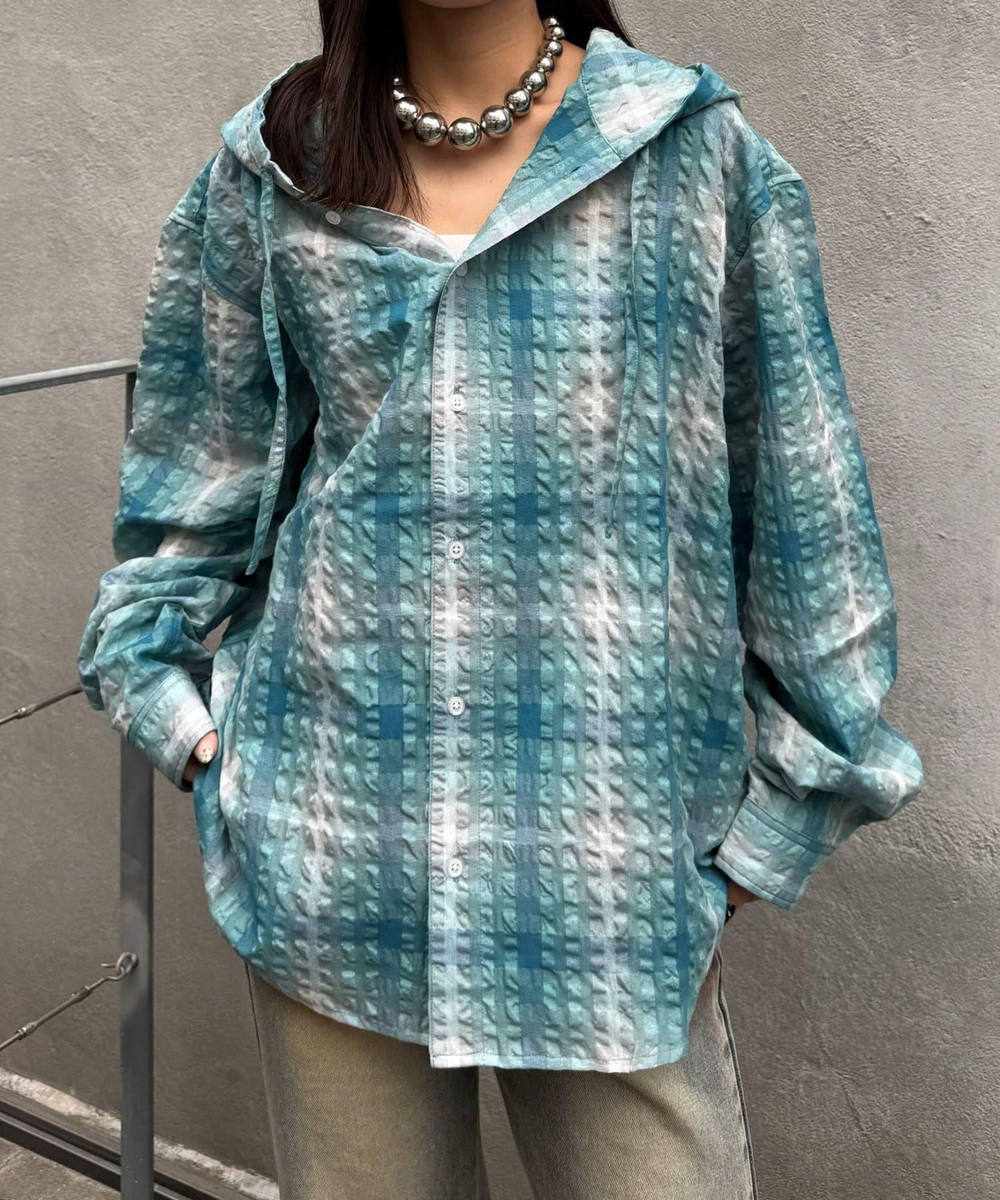 格紋泡泡紗 帶帽襯衫