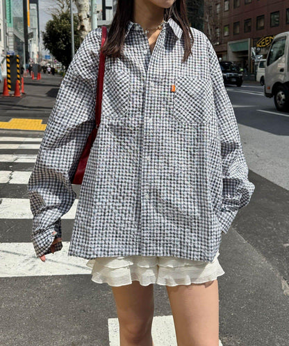 格紋泡泡布長袖襯衫