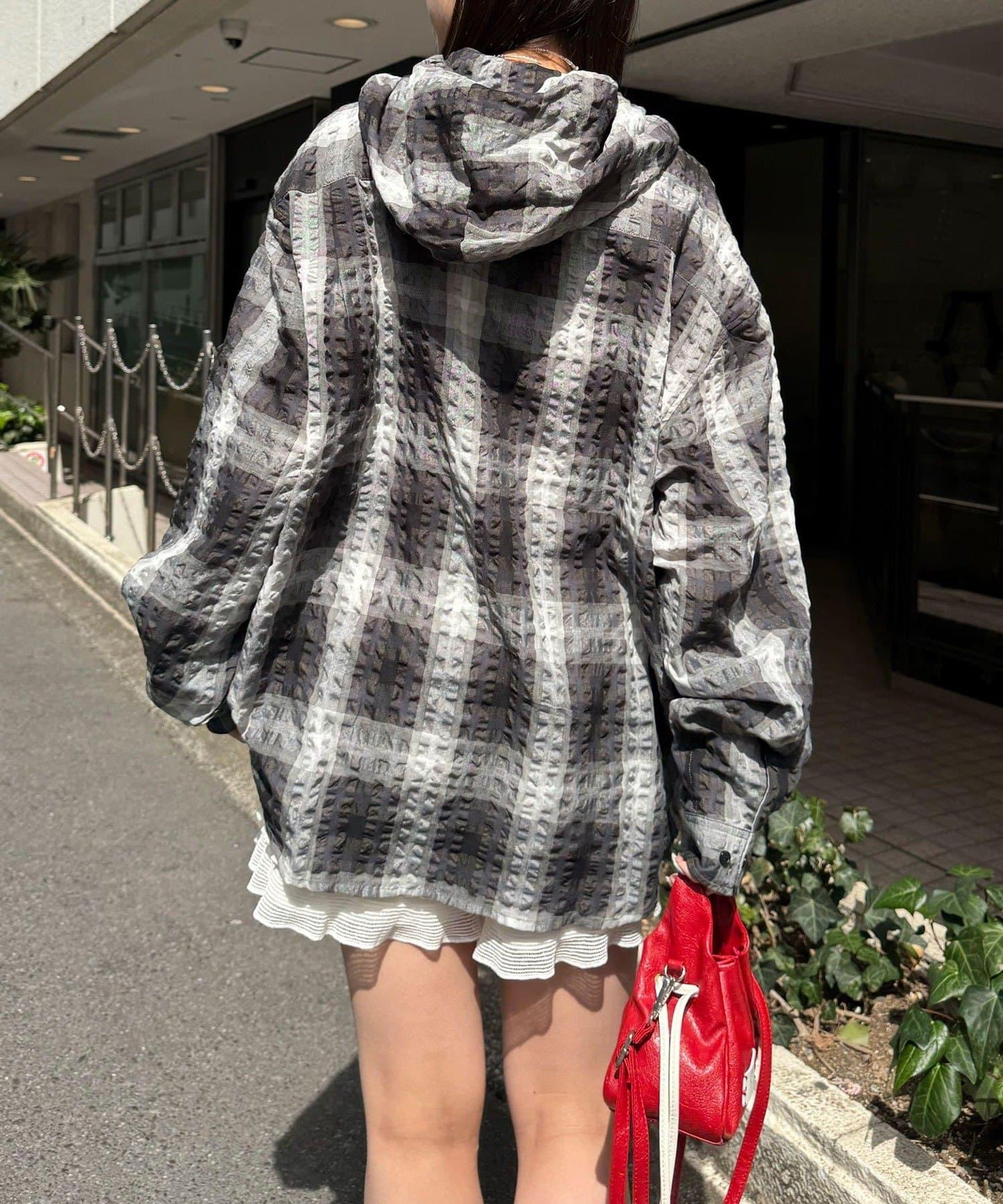 格紋泡泡紗 帶帽襯衫