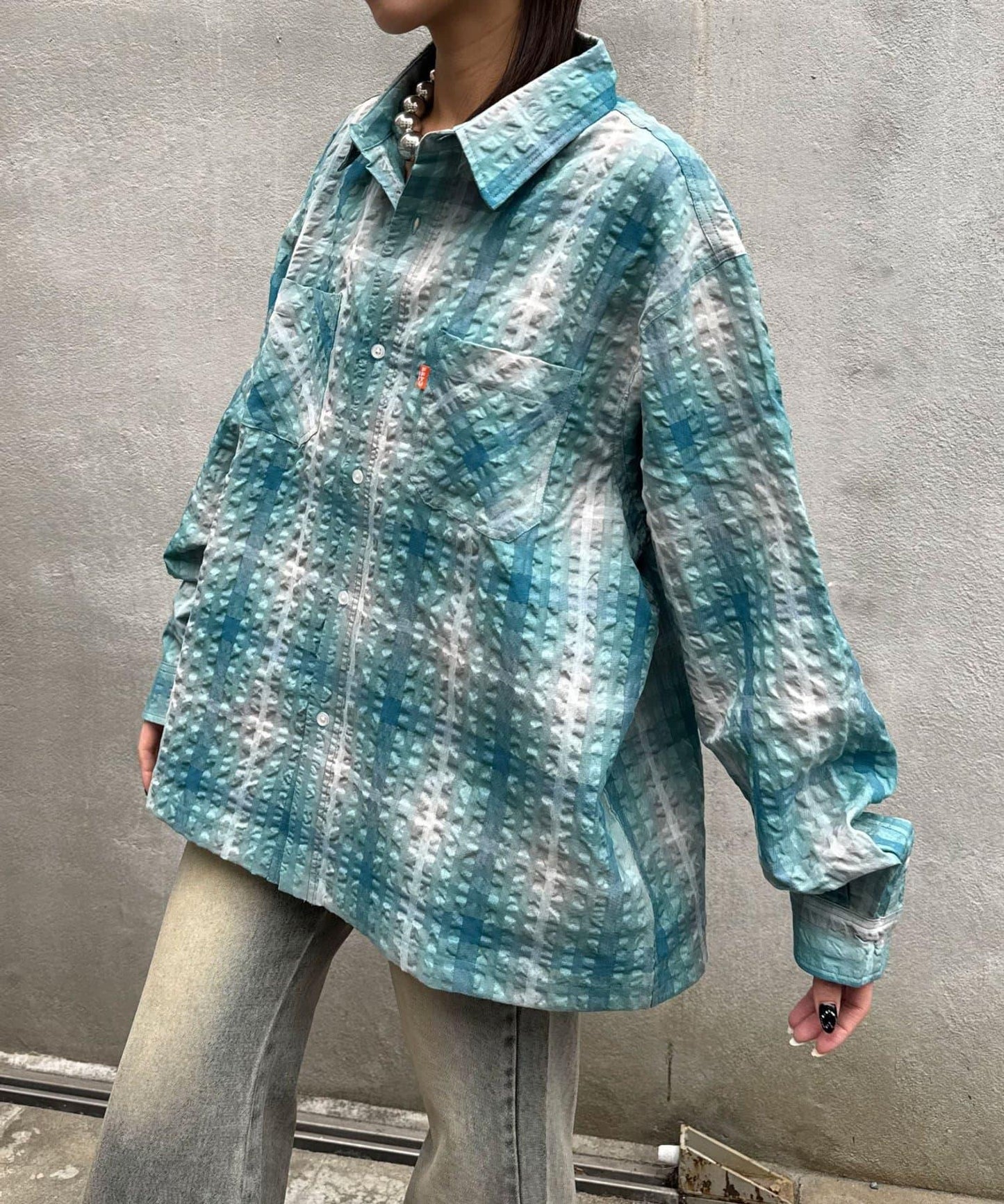格紋泡泡布長袖襯衫