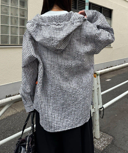 格紋泡泡紗 帶帽襯衫