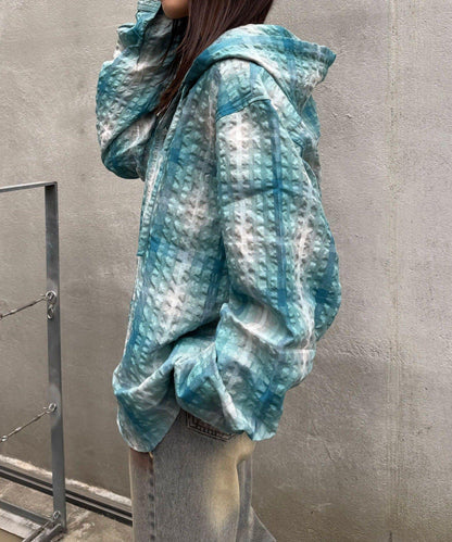 格紋泡泡紗 帶帽襯衫