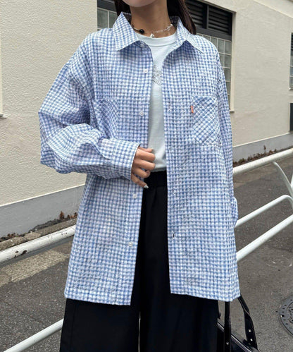 格紋泡泡布長袖襯衫