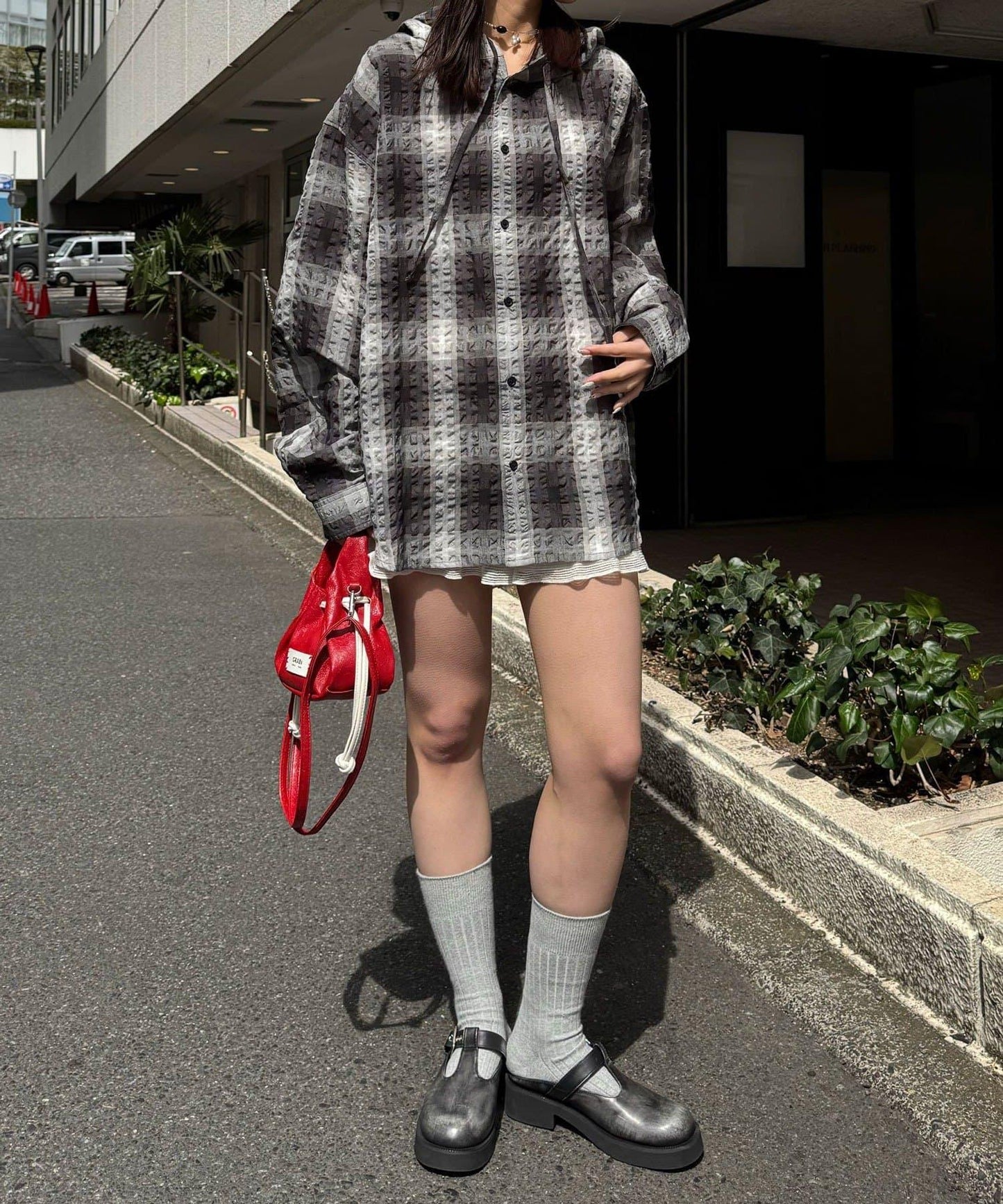 格紋泡泡紗 帶帽襯衫