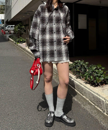格紋泡泡紗 帶帽襯衫