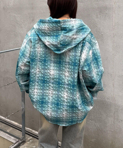 格紋泡泡紗 帶帽襯衫