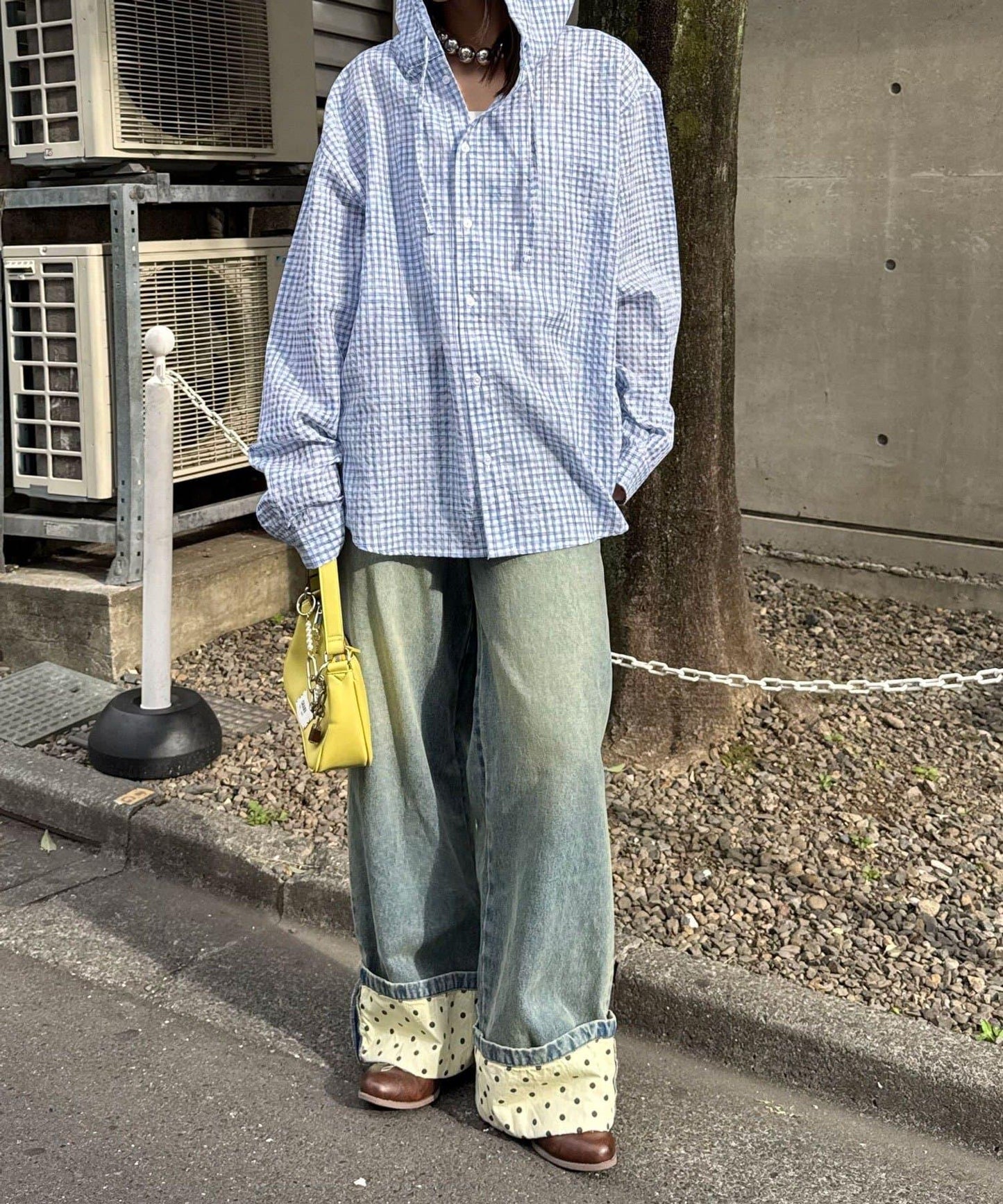 格紋泡泡紗 帶帽襯衫