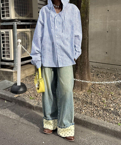 格紋泡泡紗 帶帽襯衫