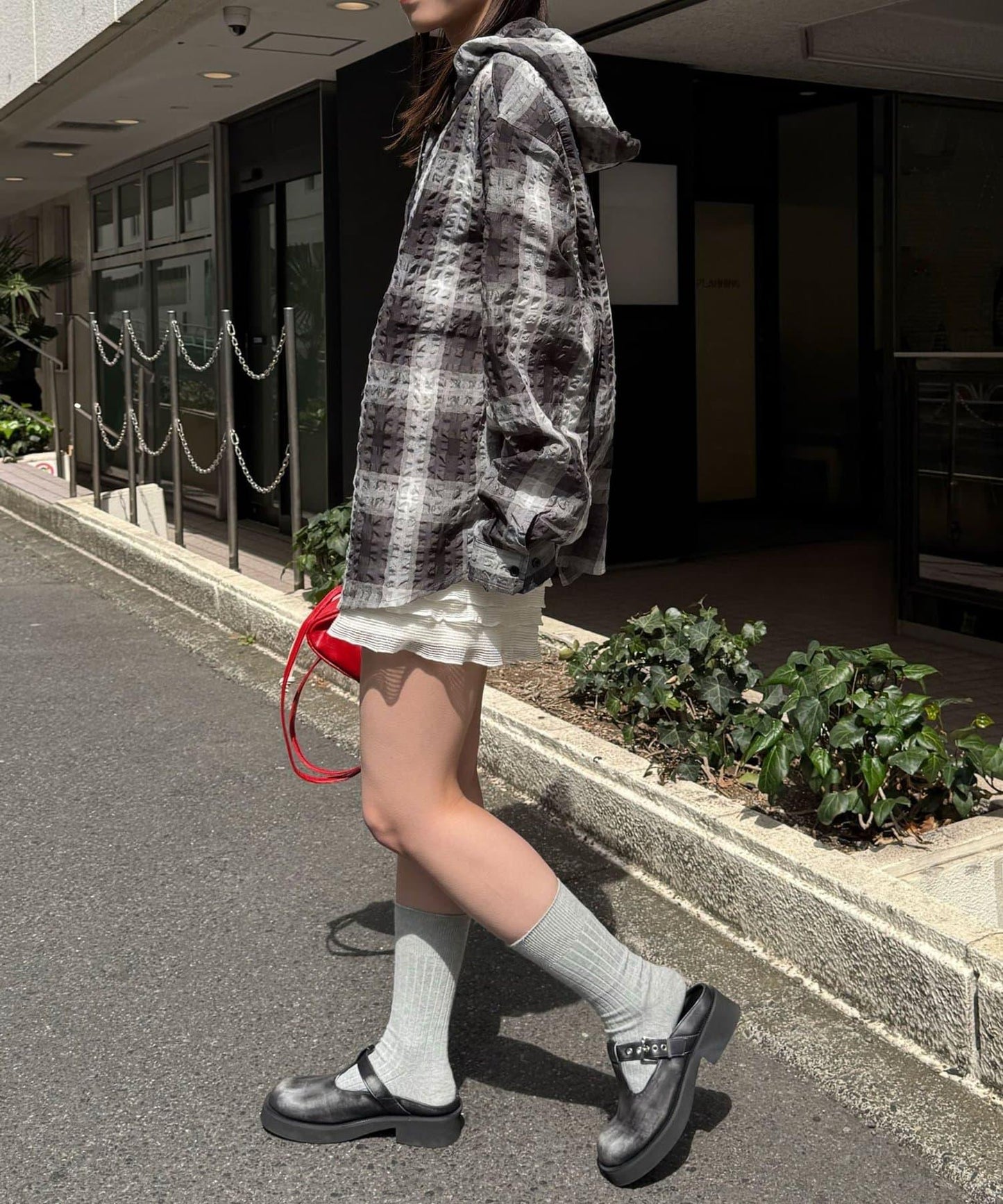 格紋泡泡紗 帶帽襯衫