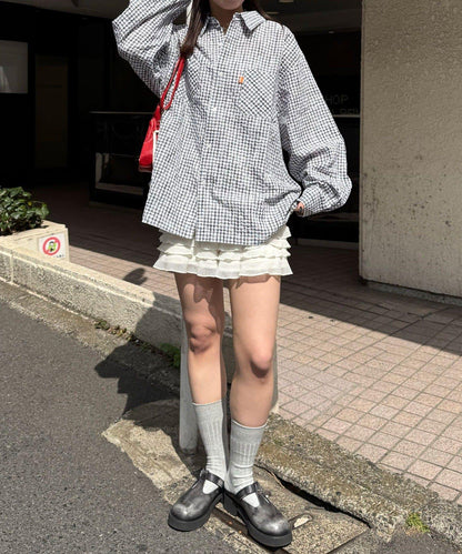 格紋泡泡布長袖襯衫