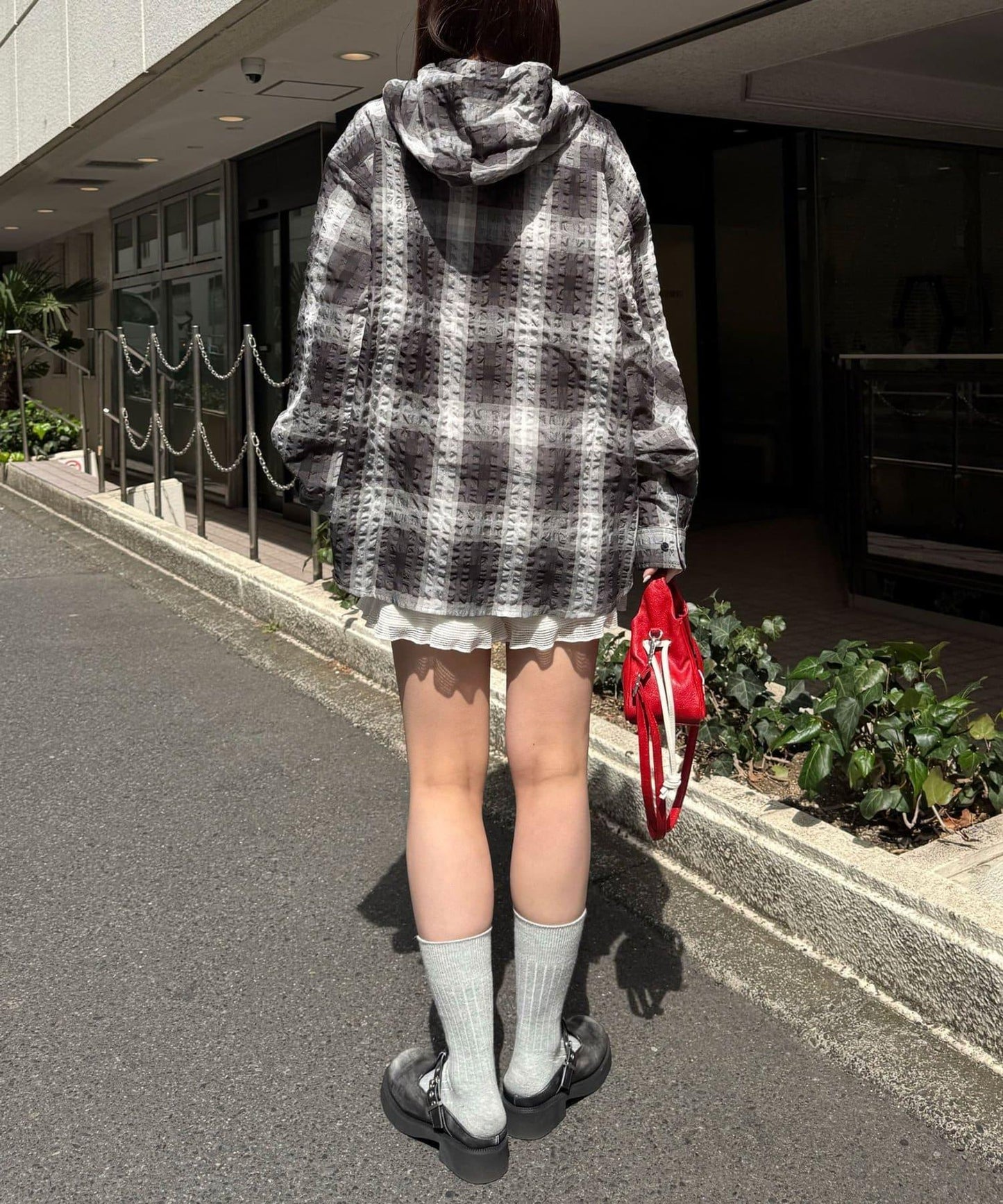 格紋泡泡紗 帶帽襯衫