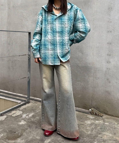 格紋泡泡紗 帶帽襯衫