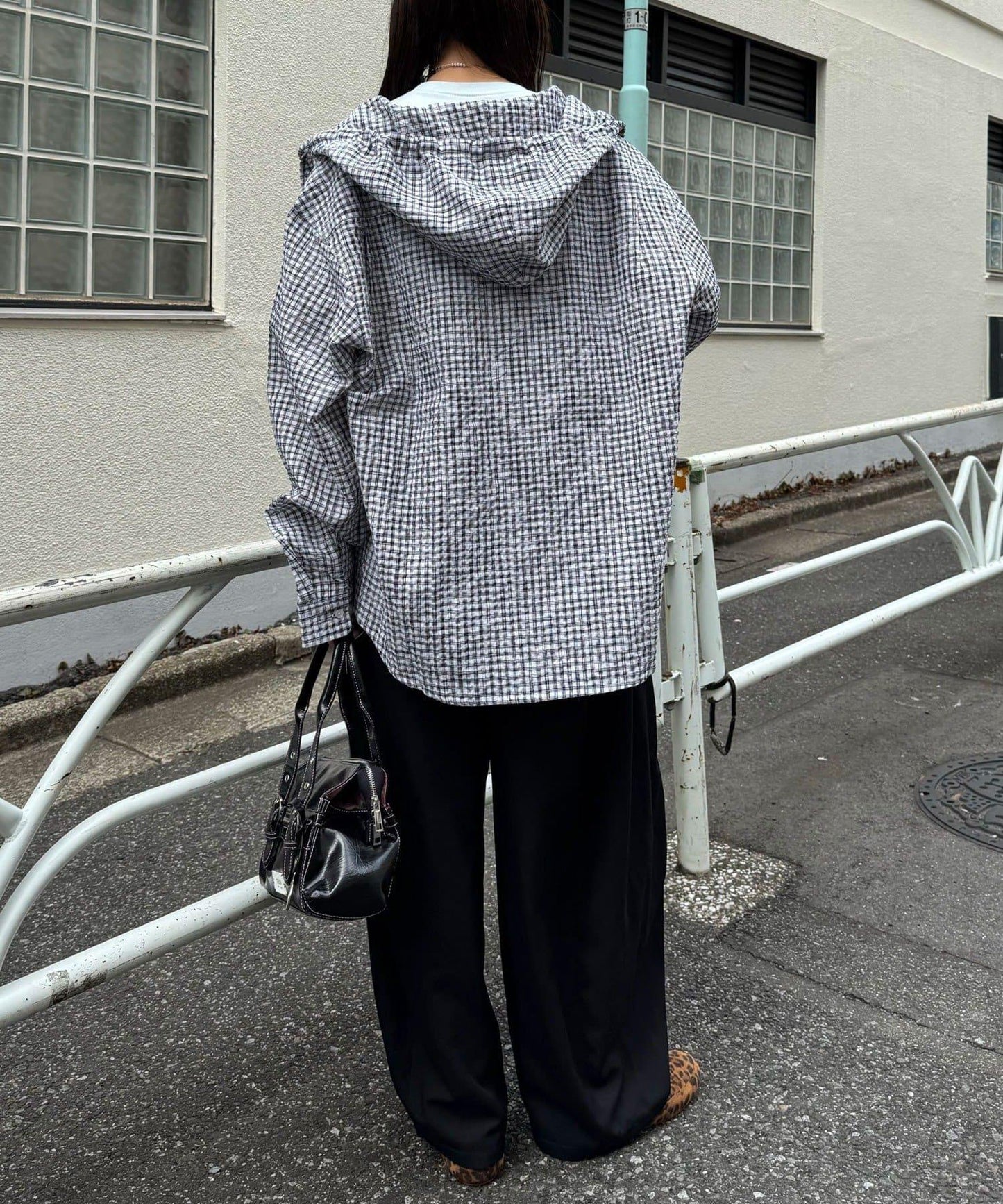 格紋泡泡紗 帶帽襯衫