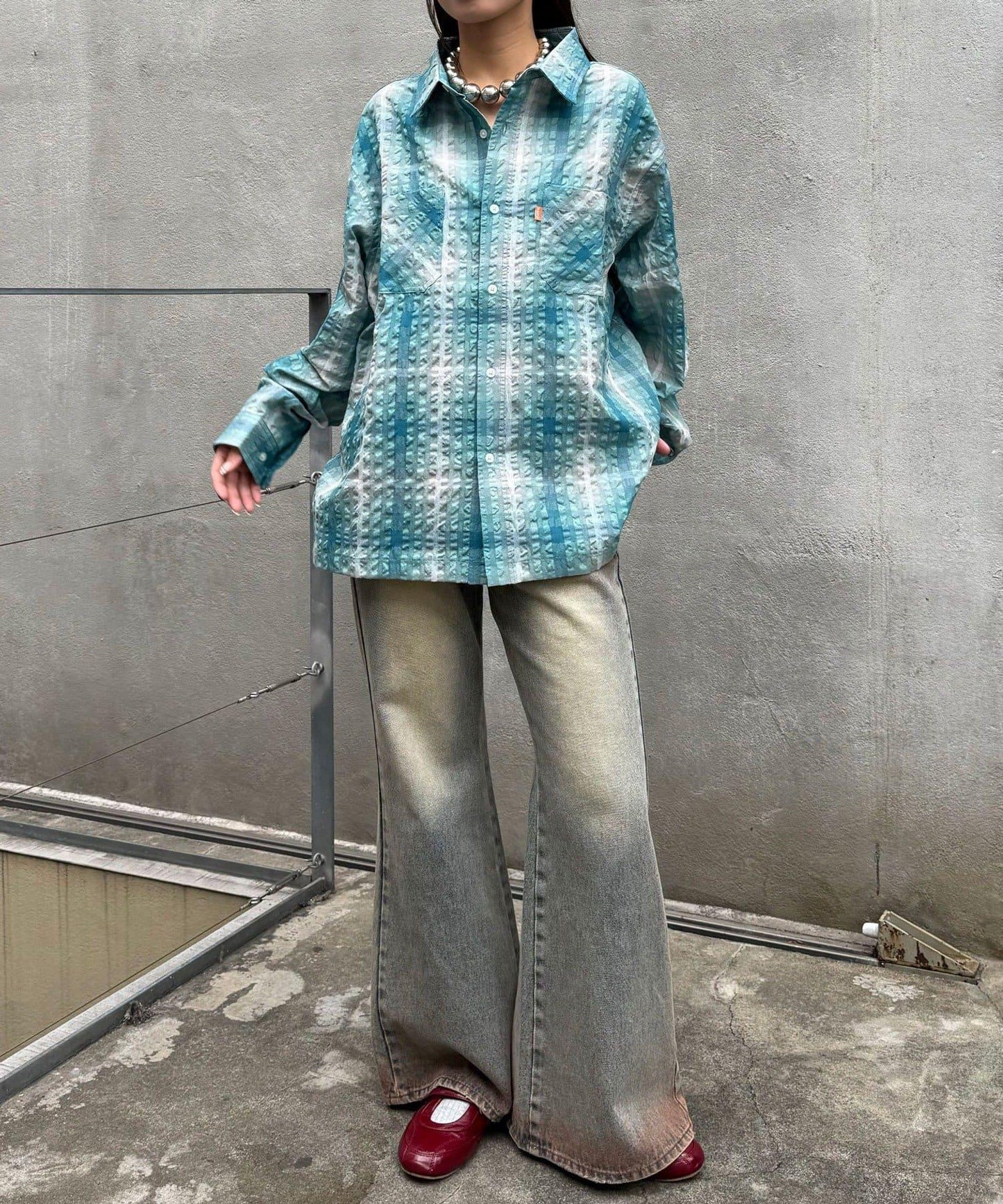 格紋泡泡布長袖襯衫