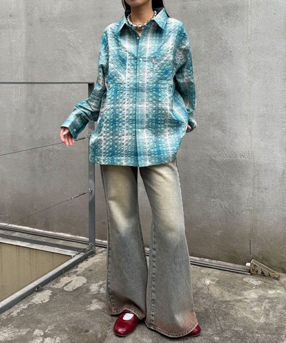 格紋泡泡布長袖襯衫