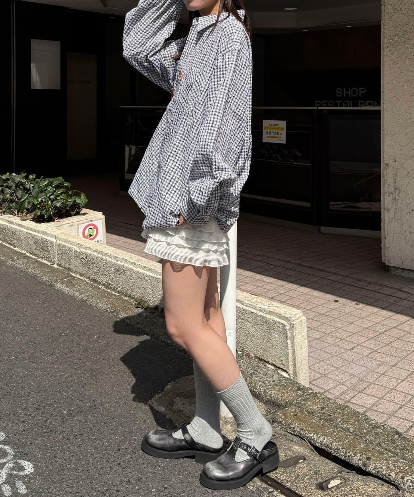 格紋泡泡布長袖襯衫