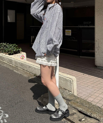 格紋泡泡布長袖襯衫