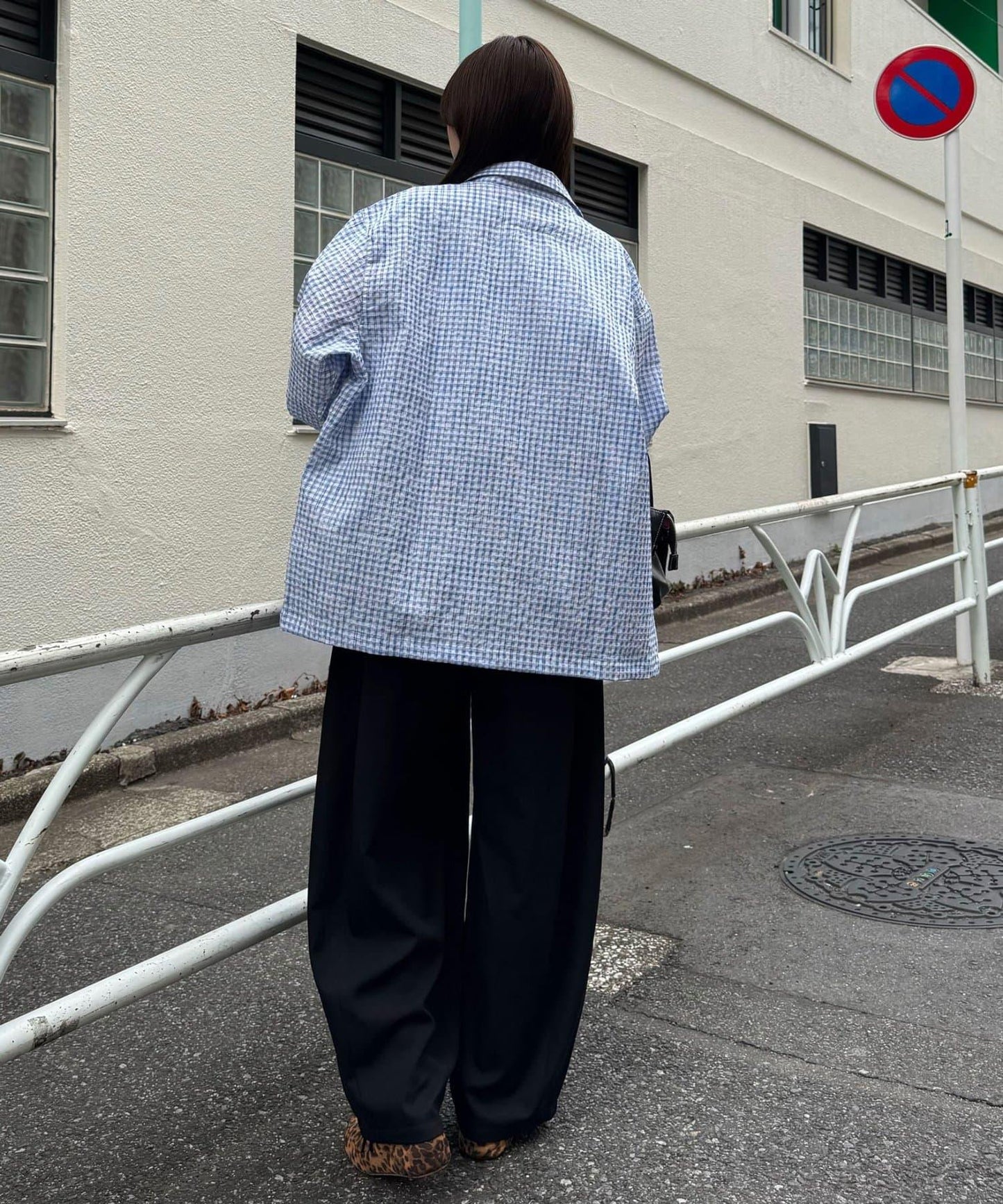 格紋泡泡布長袖襯衫