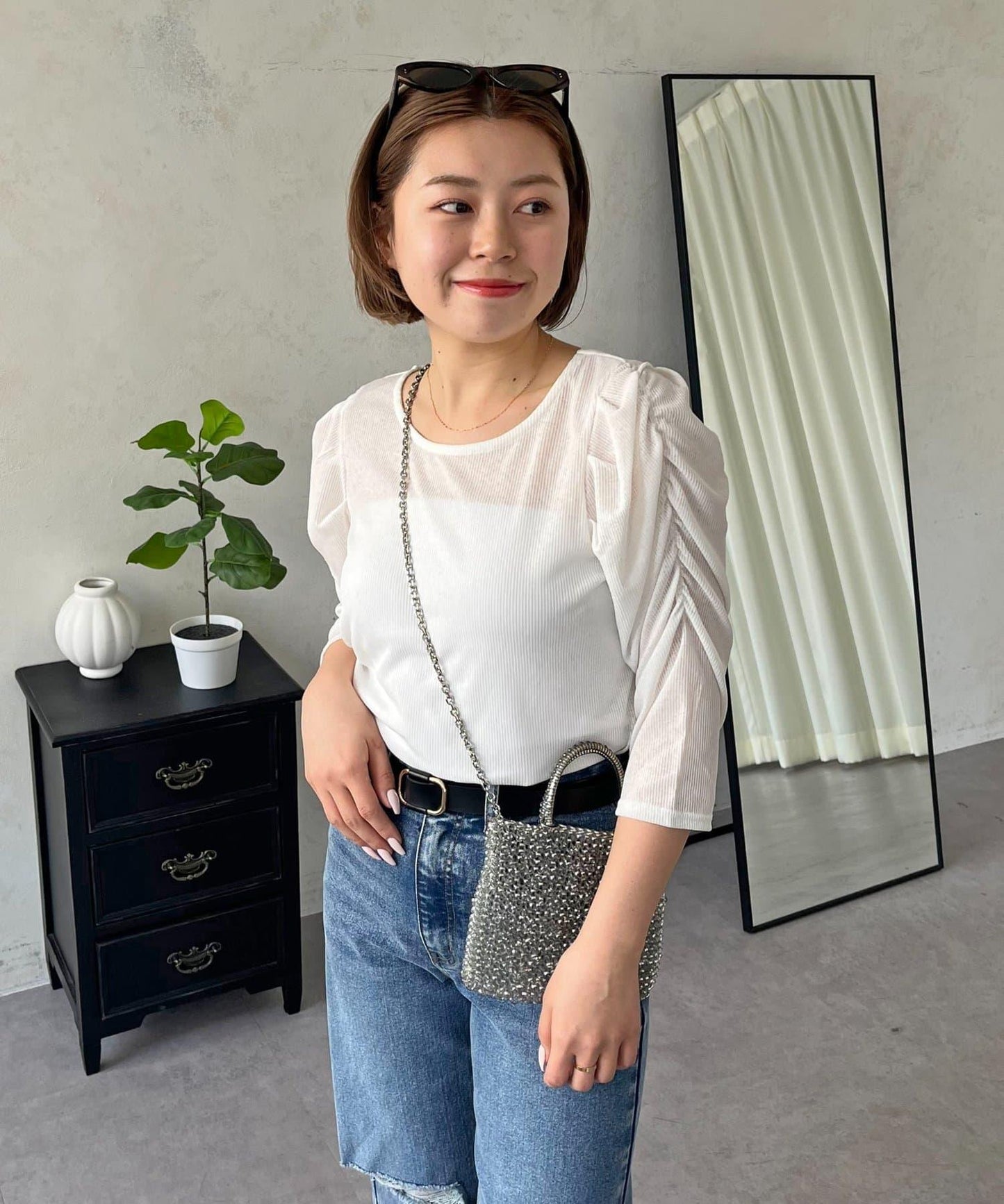 透紗 蓬蓬袖 羅紋 上衣