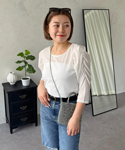透紗 蓬蓬袖 羅紋 上衣