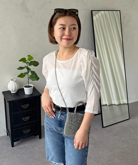 透紗 蓬蓬袖 羅紋 上衣