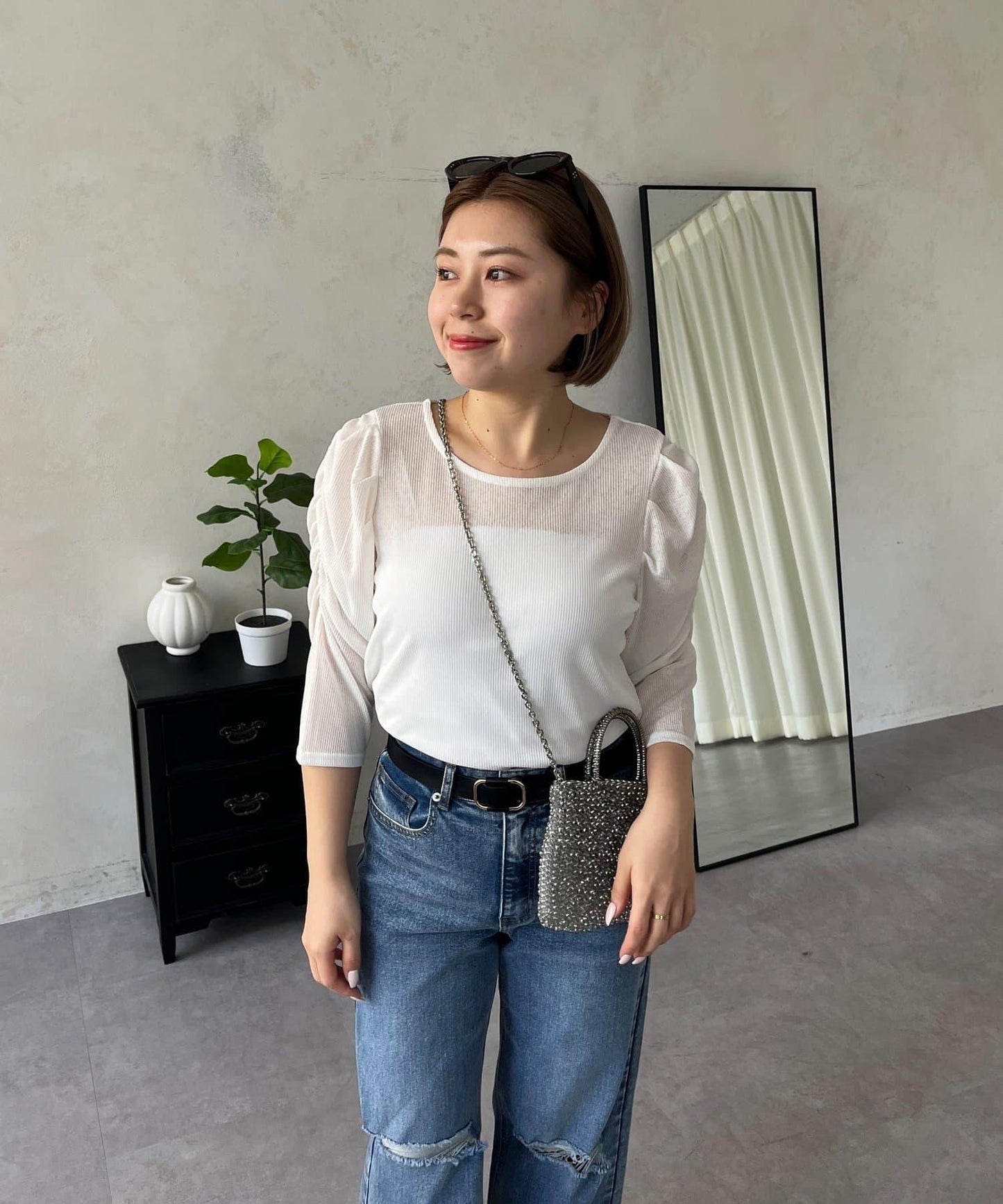 透紗 蓬蓬袖 羅紋 上衣