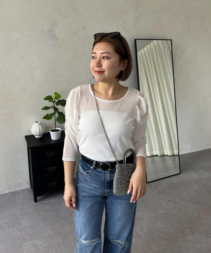 透紗 蓬蓬袖 羅紋 上衣