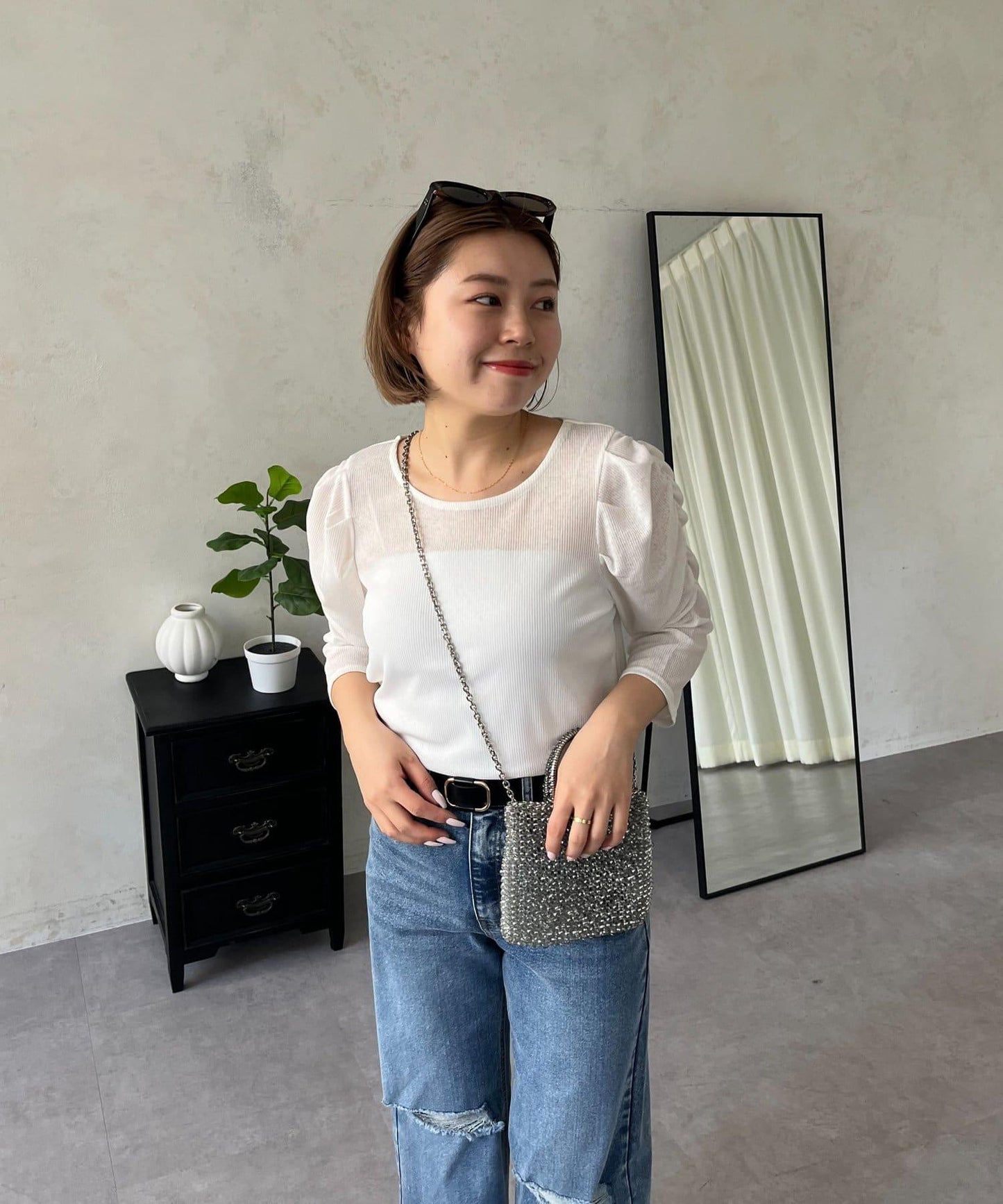 透紗 蓬蓬袖 羅紋 上衣