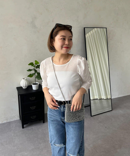 透紗 蓬蓬袖 羅紋 上衣