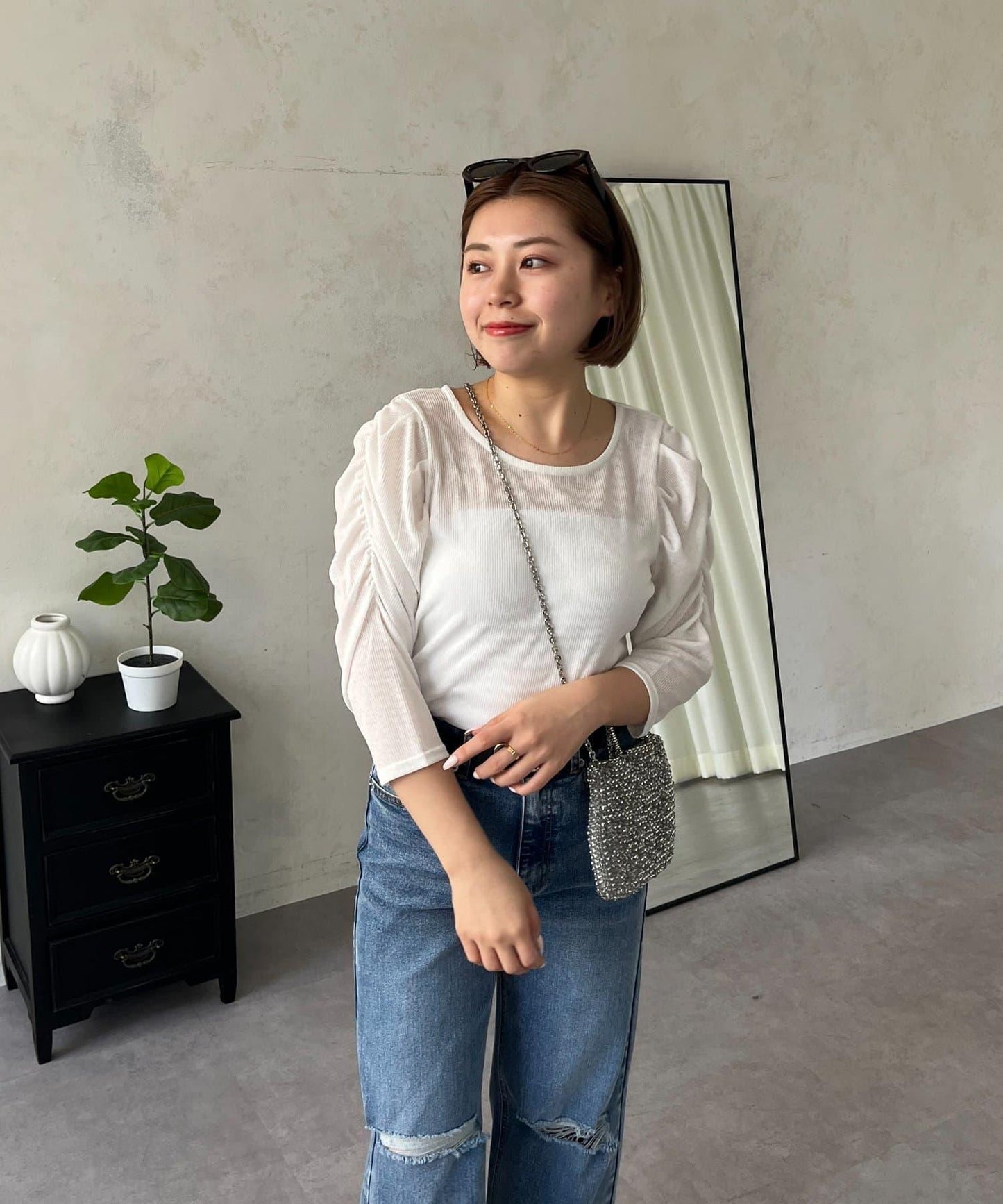 透紗 蓬蓬袖 羅紋 上衣