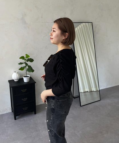 透紗 蓬蓬袖 羅紋 上衣