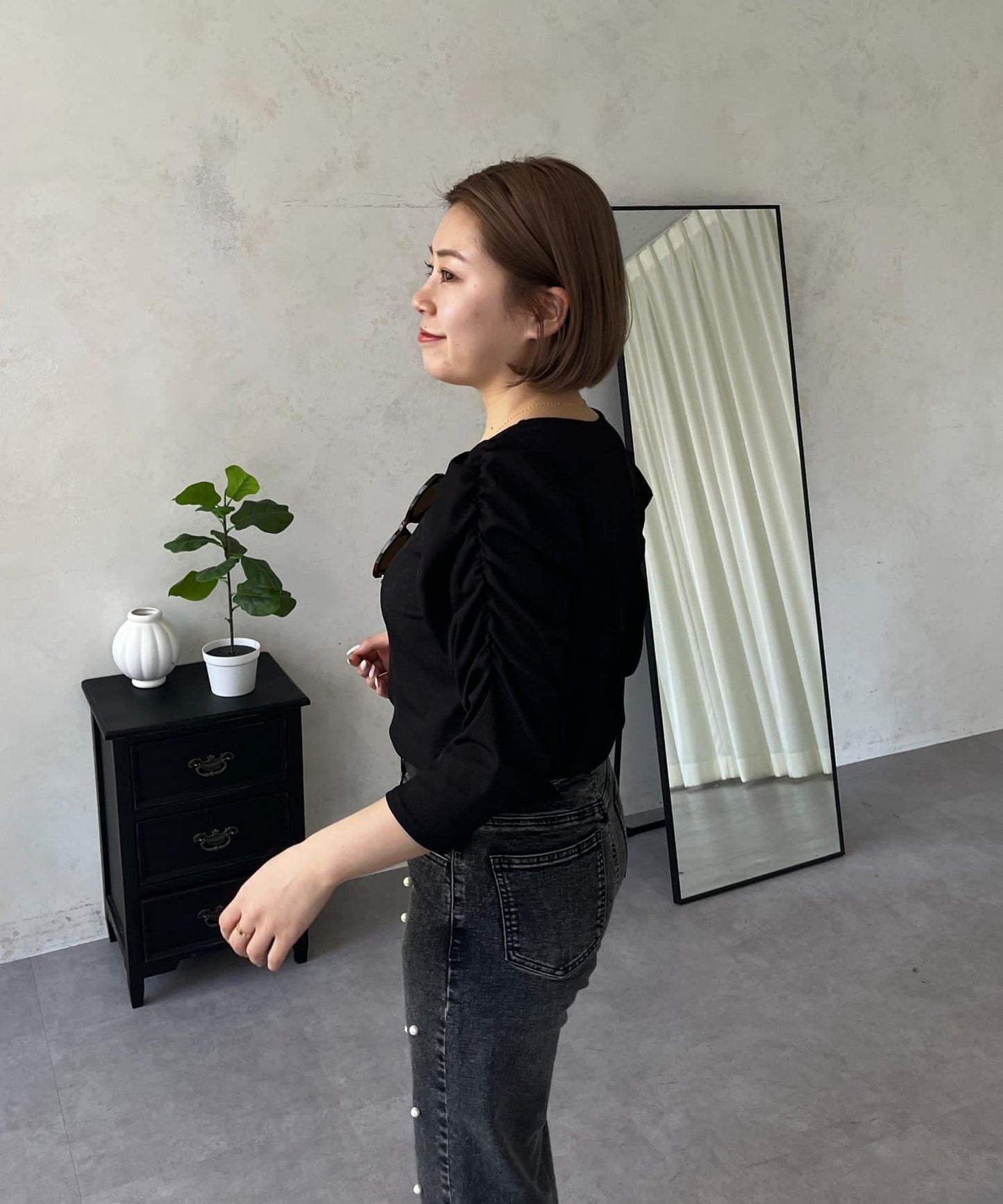 透紗 蓬蓬袖 羅紋 上衣