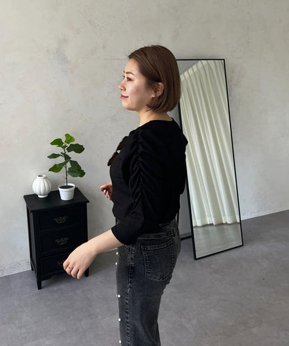 透紗 蓬蓬袖 羅紋 上衣