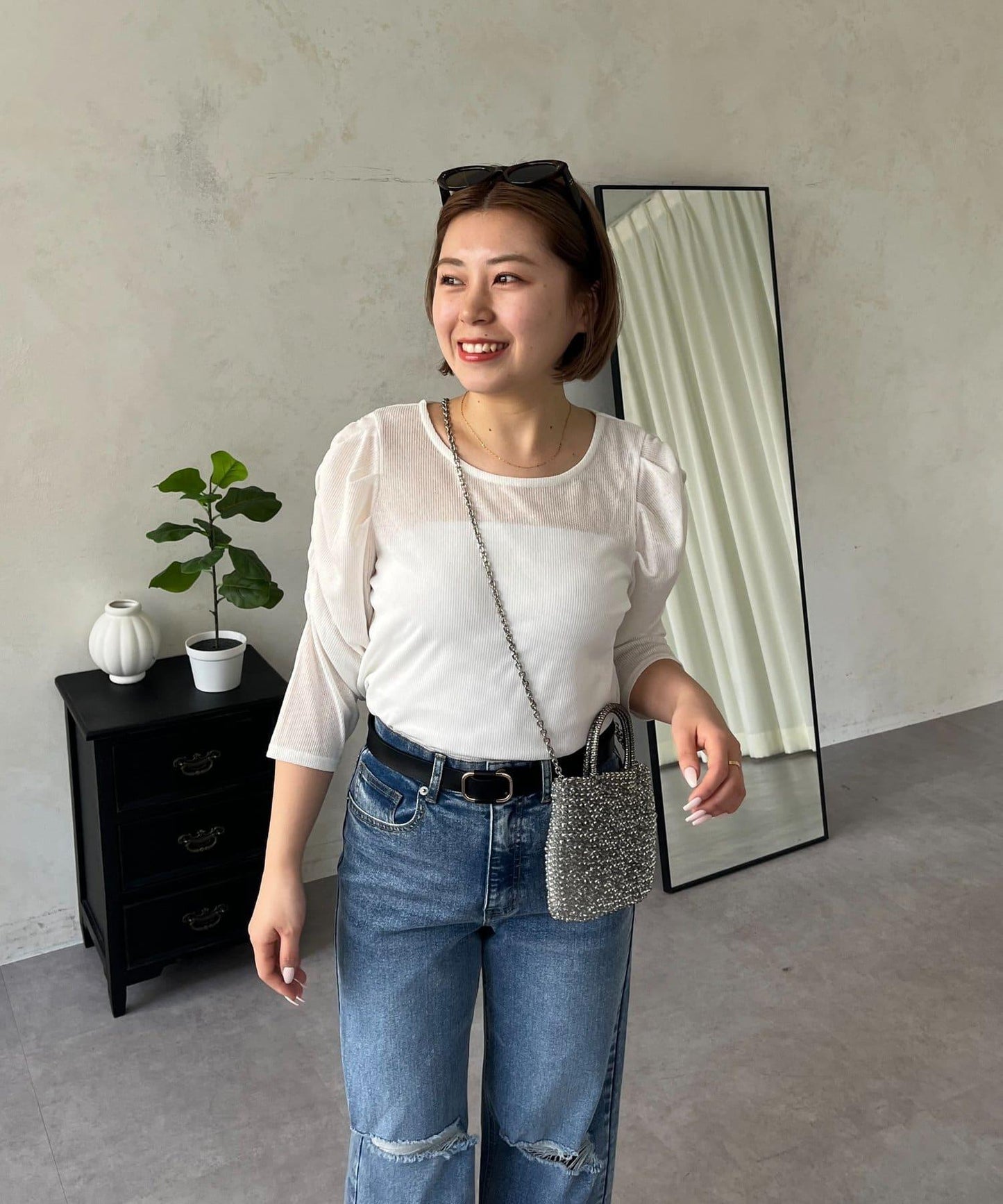 透紗 蓬蓬袖 羅紋 上衣