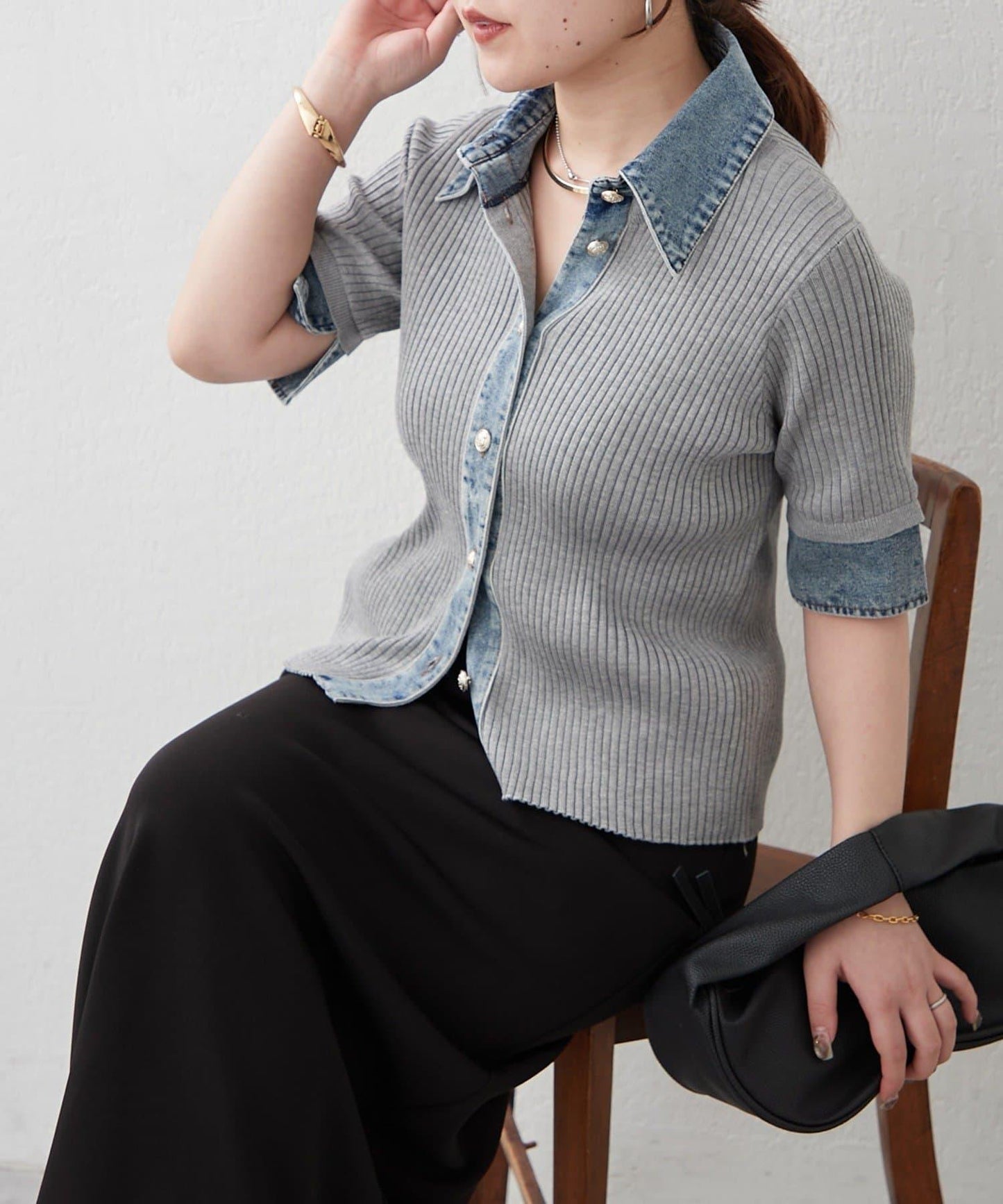清爽休閒風牛仔拼接針織開衫