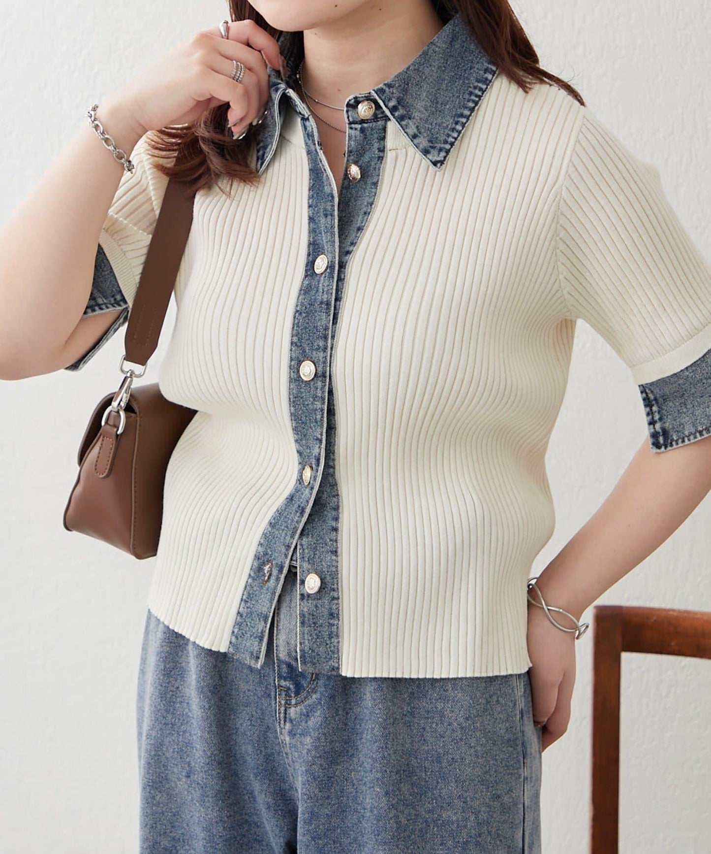 清爽休閒風牛仔拼接針織開衫